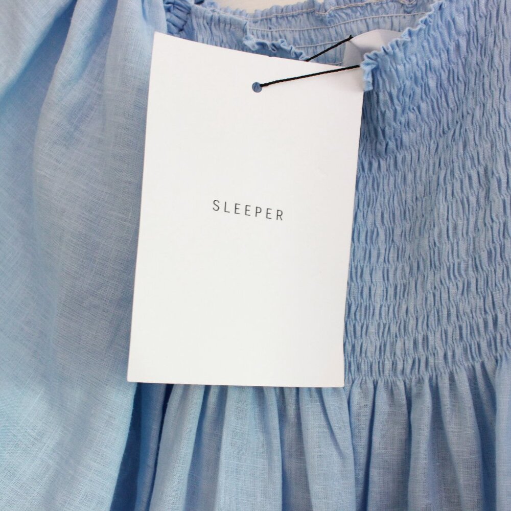 Sleeper Atlanta Midi Linen Dress in Light Blue Puff Sleeve Smocking - Picture 6 of 12